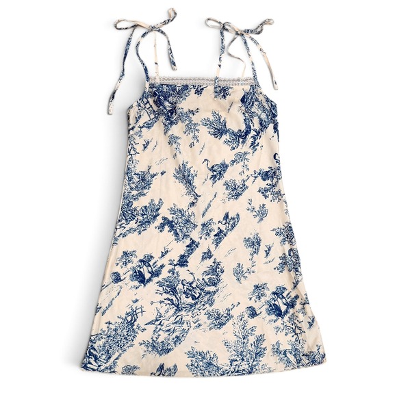 Cider Dresses & Skirts - Cider Toile De Jouy Mini Dress Blue Cream Tie Strap Lace Trim Satin Womens Small